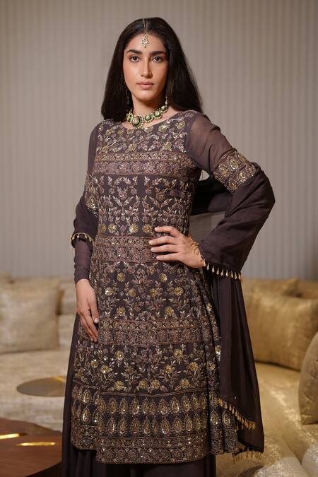 Mehul Gupta_Purple Georgette Sequins, Embroidery, Cut Petal Glory Resham Kurta Lehenga Set _Online_at_Aza_Fashions