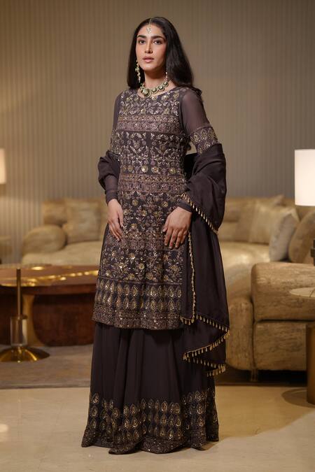 Buy_Mehul Gupta_Purple Georgette Sequins, Embroidery, Cut Petal Glory Resham Kurta Lehenga Set _Online_at_Aza_Fashions