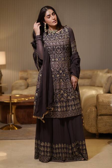 Buy_Mehul Gupta_Purple Georgette Sequins, Embroidery, Cut Petal Glory Resham Kurta Lehenga Set 