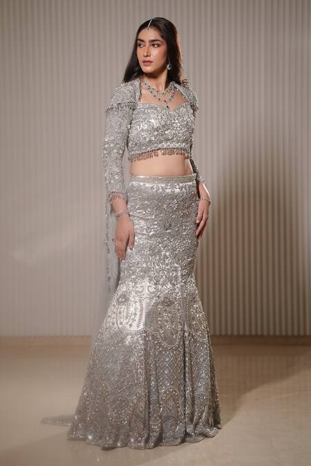 Buy_Mehul Gupta_Silver Organza, Silk Satin Sequins, Celeste Bloom Embroidered Bridal Lehenga Set _Online_at_Aza_Fashions