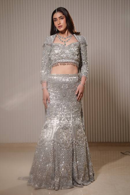 Mehul Gupta_Silver Organza, Silk Satin Sequins, Celeste Bloom Embroidered Bridal Lehenga Set _at_Aza_Fashions