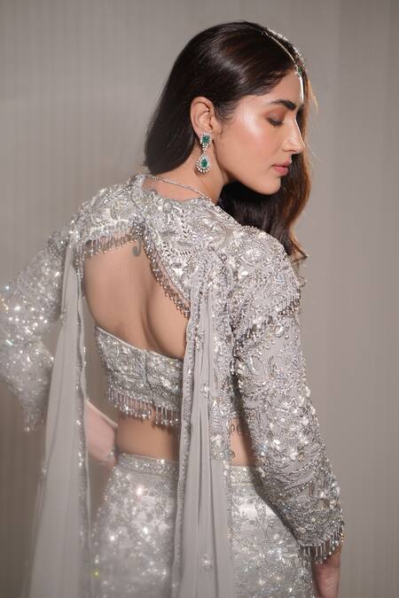Buy_Mehul Gupta_Silver Organza, Silk Satin Sequins, Celeste Bloom Embroidered Bridal Lehenga Set 