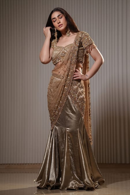 Mehul Gupta Gold Lido Satin Embroidery Sequin Queen Cosmic Pre-draped Saree With Blouse