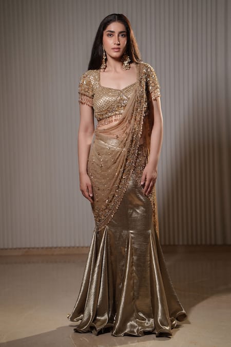 Mehul Gupta_Gold Net, Linen Sequins, Beads Cosmic Embroidered Pre-draped Saree With Blouse _Online_at_Aza_Fashions