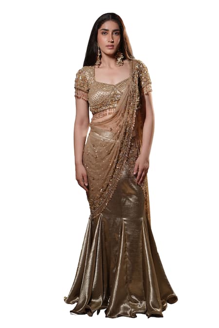 Buy Mehul Gupta Gold Net, Linen Sequins, Beads Cosmic Embroidered Pre-draped Saree With Blouse Online at Aza Fashions Buy_Mehul Gupta_Gold Net, Linen Sequins, Beads Cosmic Embroidered Pre-draped Saree With Blouse _Online_at_Aza_Fashions