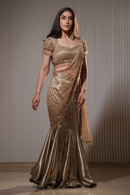 Shop_Mehul Gupta_Gold Net, Linen Sequins, Beads Cosmic Embroidered Pre-draped Saree With Blouse _Online_at_Aza_Fashions