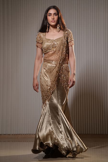 Mehul Gupta_Gold Net, Linen Sequins, Beads Cosmic Embroidered Pre-draped Saree With Blouse _at_Aza_Fashions