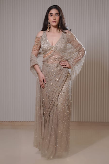 Mehul Gupta Sequin Confetti Embellished Pre-Draped Saree With Blouse 