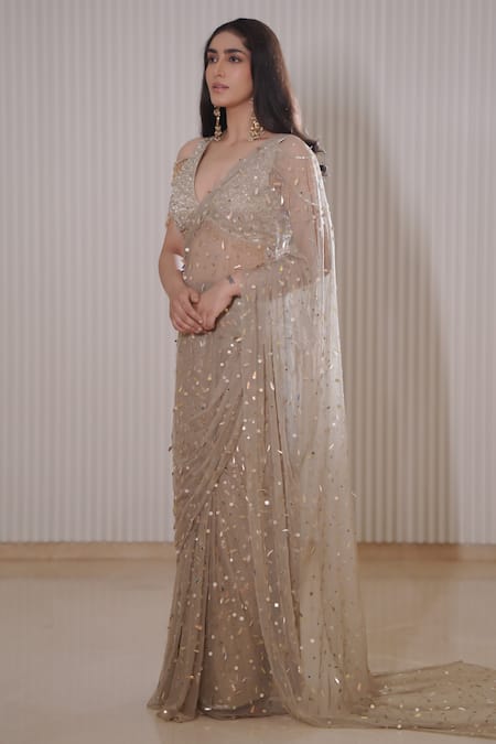 Mehul Gupta_Beige Net Beads, Sequin Confetti Embellished Pre-draped Saree With Blouse _Online_at_Aza_Fashions