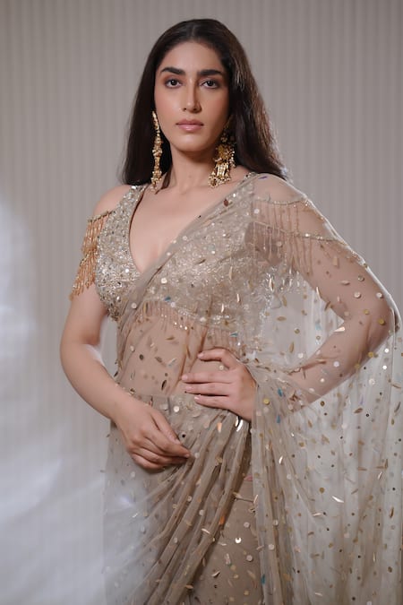 Buy_Mehul Gupta_Beige Net Beads, Sequin Confetti Embellished Pre-draped Saree With Blouse _Online_at_Aza_Fashions