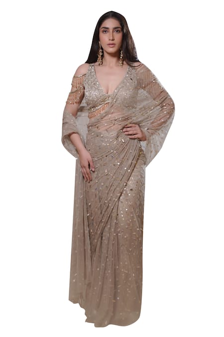 Buy_Mehul Gupta_Beige Net Beads, Sequin Confetti Embellished Pre-draped Saree With Blouse 