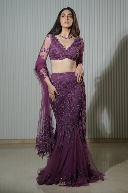 Mehul Gupta_Purple Net Sequins, Beads V-neck Ivy Bloom Embroidered Mermaid Lehenga Set _Online_at_Aza_Fashions