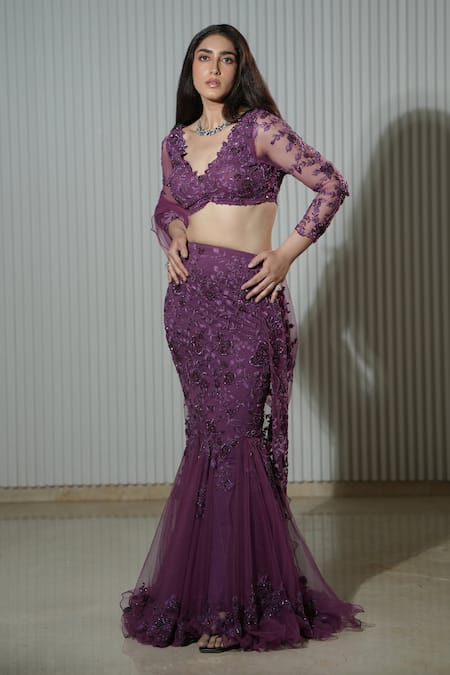 Buy_Mehul Gupta_Purple Net Sequins, Beads V-neck Ivy Bloom Embroidered Mermaid Lehenga Set _Online_at_Aza_Fashions