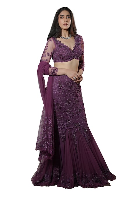 Shop Mehul Gupta Purple Net Sequins, Beads V-neck Ivy Bloom Embroidered Mermaid Lehenga Set Online at Aza Fashions Shop_Mehul Gupta_Purple Net Sequins, Beads V-neck Ivy Bloom Embroidered Mermaid Lehenga Set _Online_at_Aza_Fashions