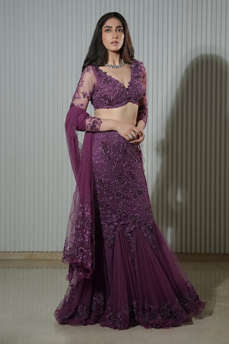 Mehul Gupta_Purple Net Sequins, Beads V-neck Ivy Bloom Embroidered Mermaid Lehenga Set _at_Aza_Fashions