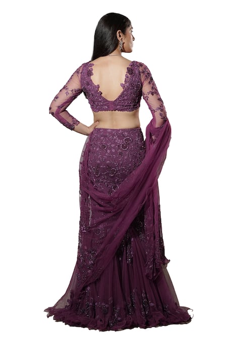 Buy Mehul Gupta Purple Net Sequins, Beads V-neck Ivy Bloom Embroidered Mermaid Lehenga Set Buy_Mehul Gupta_Purple Net Sequins, Beads V-neck Ivy Bloom Embroidered Mermaid Lehenga Set
