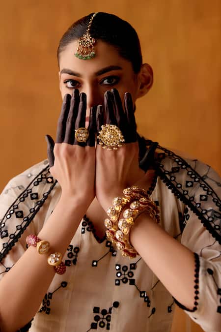 Buy_Preevin_Black Cotton, Tulle, Net Mirrors, Starlet Flora Thread And Work Anarkali Set _Online_at_Aza_Fashions