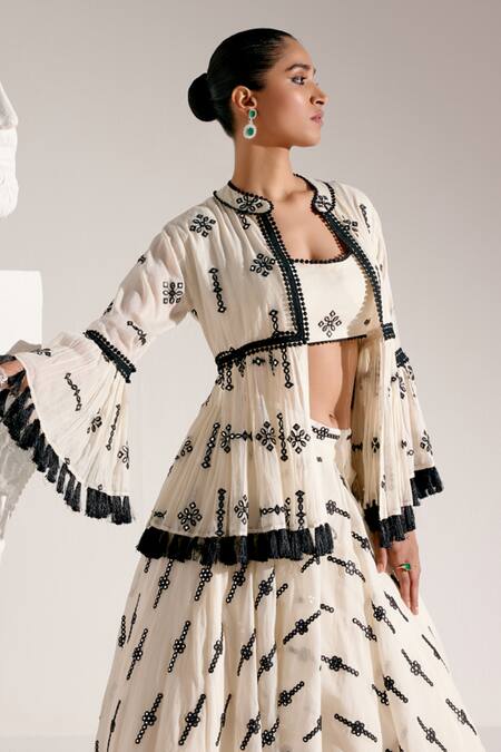 Buy_Preevin_Black Cotton Mirrors, Embroidery, Bloom Star Thread And Work Jacket Lehenga Set _Online_at_Aza_Fashions