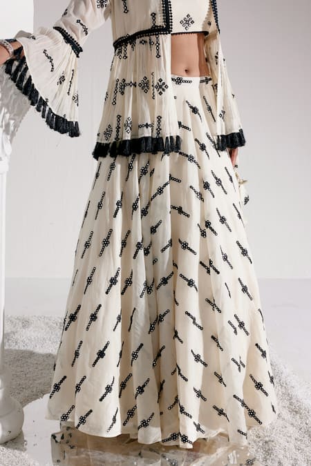 Shop_Preevin_Black Cotton Mirrors, Embroidery, Bloom Star Thread And Work Jacket Lehenga Set _Online_at_Aza_Fashions