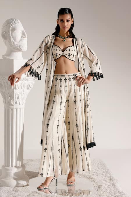 PREEVIN Bloom Star Thread & Mirror Work Jacket Flared Pant Set 