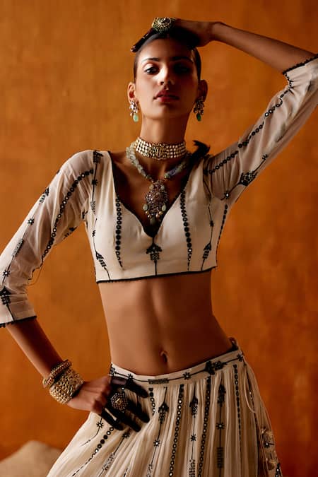 Preevin_Black , Satin Mirrors, Flora Vine Thread And Tiered Lehenga Set _Online_at_Aza_Fashions