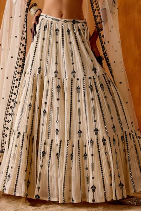 Preevin_Black , Satin Mirrors, Flora Vine Thread And Tiered Lehenga Set _at_Aza_Fashions