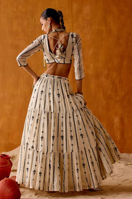 Preevin Flora Vine Thread & Mirror Embroidered Tiered Lehenga Set 