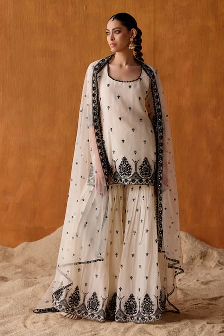 PREEVIN Black Kurta And Sharara Cotton Mulmul Embroidery Damask & Mirror Work Set