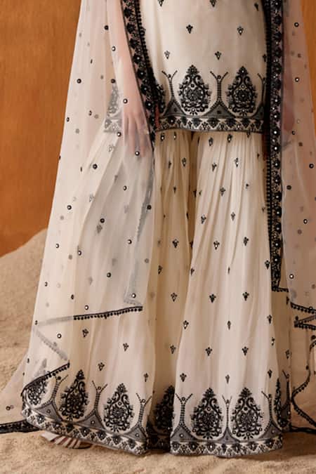 Preevin_Black Cotton, Tulle, Net Embroidery, Damask Thread And Work Kurta Sharara Set _Online_at_Aza_Fashions
