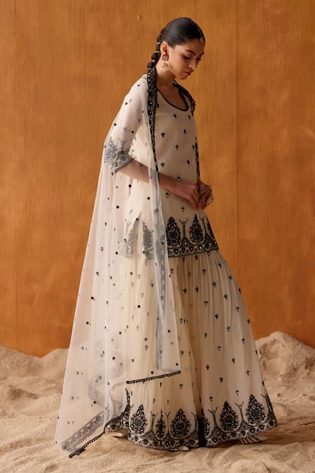 Shop_Preevin_Black Cotton, Tulle, Net Embroidery, Damask Thread And Work Kurta Sharara Set _Online_at_Aza_Fashions