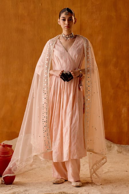 PREEVIN Pink Angarkha Anarkali Cotton Mulmul Starry And Mirror Vine Work Set