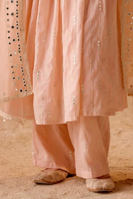 Preevin_Pink Cotton, Tulle, Net Starry Thread And Vine Work Angarkha Anarkali Set _Online_at_Aza_Fashions