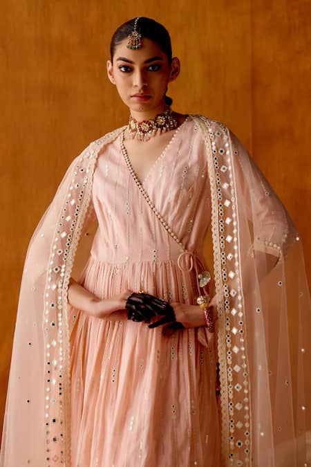 Buy_Preevin_Pink Cotton, Tulle, Net Starry Thread And Vine Work Angarkha Anarkali Set _Online_at_Aza_Fashions