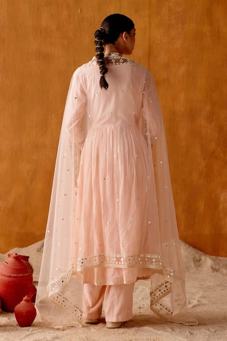 Shop_Preevin_Pink Cotton, Tulle, Net Starry Thread And Vine Work Angarkha Anarkali Set _at_Aza_Fashions