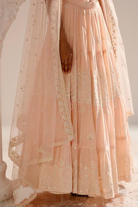 Preevin Pink Cotton, Tulle Embroidery, Ambi Bloom Thread And Work Tiered Lehenga Set Online at Aza Fashions Preevin_Pink Cotton, Tulle Embroidery, Ambi Bloom Thread And Work Tiered Lehenga Set _Online_at_Aza_Fashions