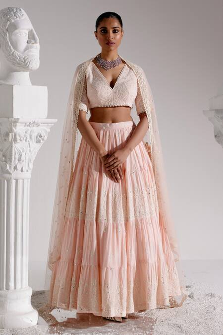 Shop Preevin Pink Cotton, Tulle Embroidery, Ambi Bloom Thread And Work Tiered Lehenga Set Online at Aza Fashions Shop_Preevin_Pink Cotton, Tulle Embroidery, Ambi Bloom Thread And Work Tiered Lehenga Set _Online_at_Aza_Fashions