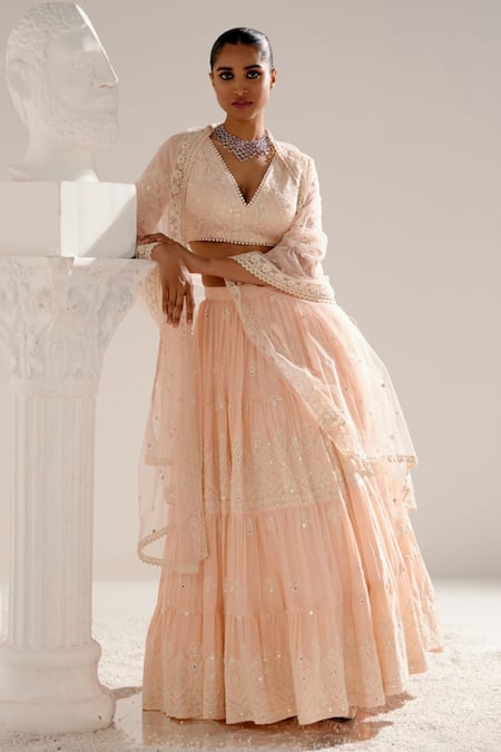 Preevin Pink Cotton, Tulle Embroidery, Ambi Bloom Thread And Work Tiered Lehenga Set at Aza Fashions Preevin_Pink Cotton, Tulle Embroidery, Ambi Bloom Thread And Work Tiered Lehenga Set _at_Aza_Fashions