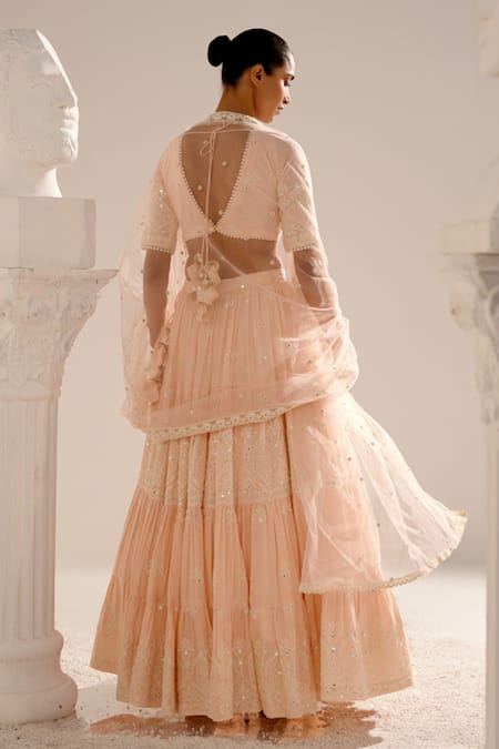 Preevin Ambi Bloom Thread & Mirror Work Tiered Lehenga Set 