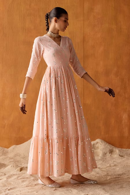 Preevin_Pink Cotton, Tulle, Net Sequins, Celeste Thread And Work Angarkha Anarkali Set _Online_at_Aza_Fashions