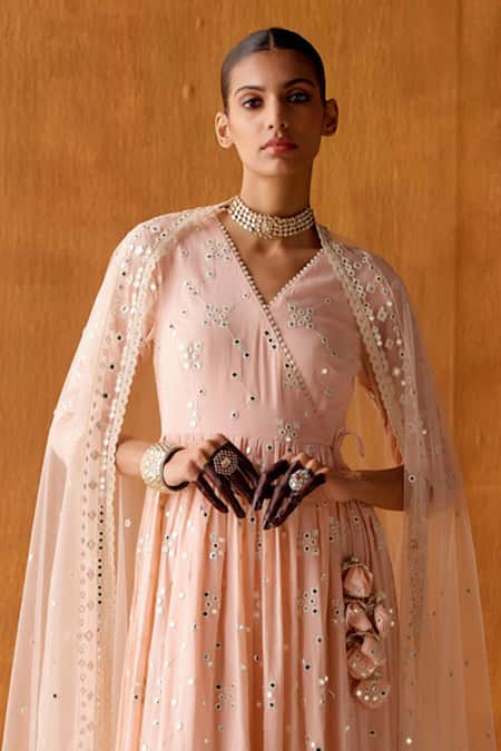 Buy_Preevin_Pink Cotton, Tulle, Net Sequins, Celeste Thread And Work Angarkha Anarkali Set _Online_at_Aza_Fashions