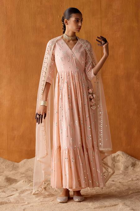 Shop_Preevin_Pink Cotton, Tulle, Net Sequins, Celeste Thread And Work Angarkha Anarkali Set _Online_at_Aza_Fashions