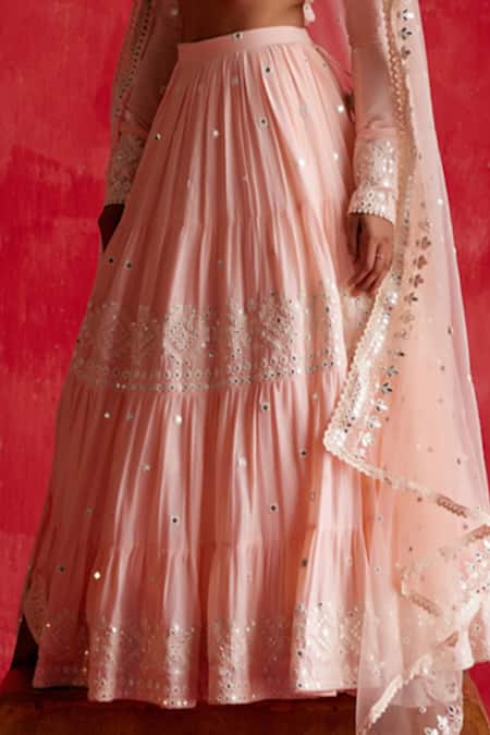 Preevin_Pink Cotton, Tulle Mirrors, Embroidery, Thread And Work Tiered Lehenga Set _Online_at_Aza_Fashions