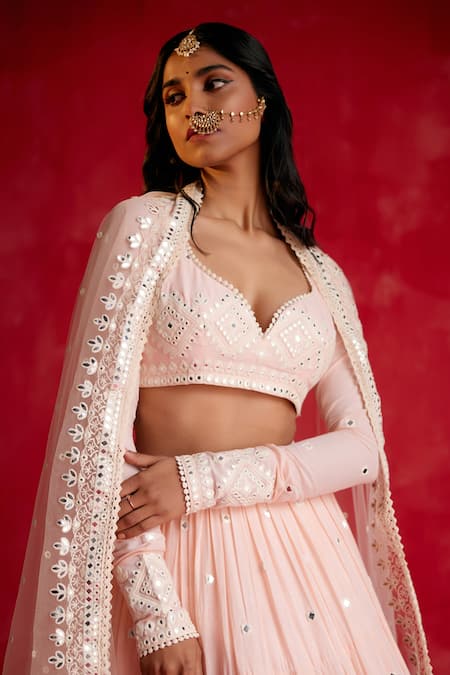 Buy_Preevin_Pink Cotton, Tulle Mirrors, Embroidery, Thread And Work Tiered Lehenga Set _Online_at_Aza_Fashions