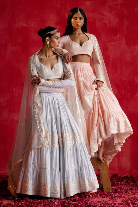 Shop_Preevin_Pink Cotton, Tulle Mirrors, Embroidery, Thread And Work Tiered Lehenga Set _Online_at_Aza_Fashions