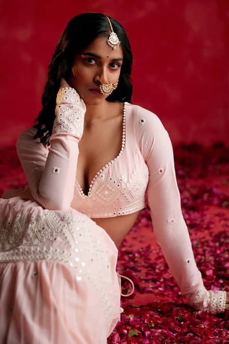 Preevin_Pink Cotton, Tulle Mirrors, Embroidery, Thread And Work Tiered Lehenga Set _at_Aza_Fashions