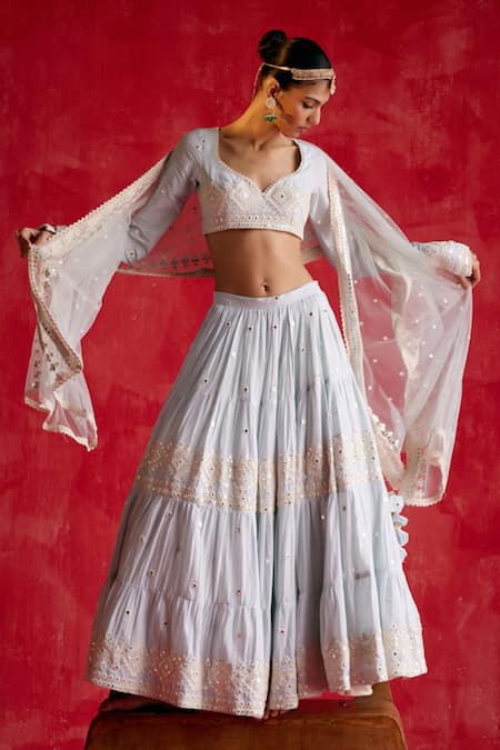 Preevin_Blue Cotton, Tulle Mirrors, Diamonte Bloom Thread And Work Tiered Lehenga Set _Online_at_Aza_Fashions