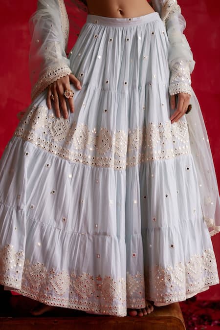 Buy_Preevin_Blue Cotton, Tulle Mirrors, Diamonte Bloom Thread And Work Tiered Lehenga Set _Online_at_Aza_Fashions
