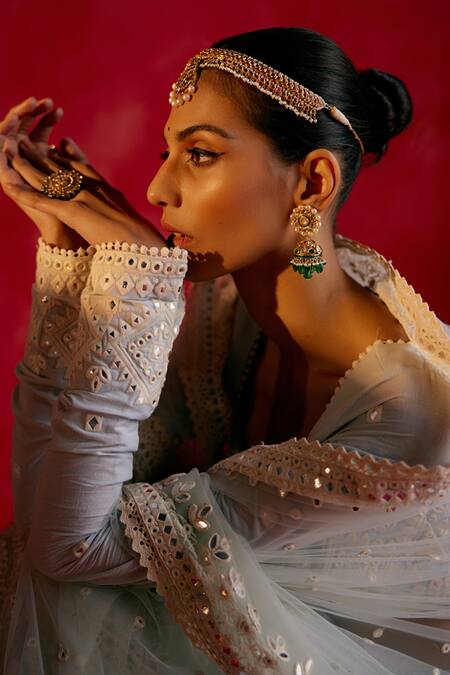 Shop_Preevin_Blue Cotton, Tulle Mirrors, Diamonte Bloom Thread And Work Tiered Lehenga Set _Online_at_Aza_Fashions