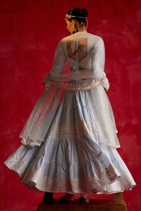 Preevin Diamonte Bloom Thread & Mirror Work Tiered Lehenga Set 