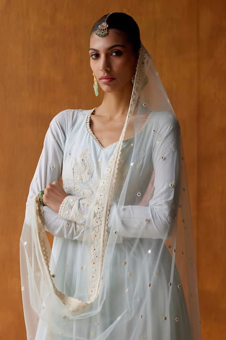 Preevin Blue Cotton, Tulle, Net Embroidery, Mirrors Gul Thread And Work Anarkali Set Online at Aza Fashions Preevin_Blue Cotton, Tulle, Net Embroidery, Mirrors Gul Thread And Work Anarkali Set _Online_at_Aza_Fashions